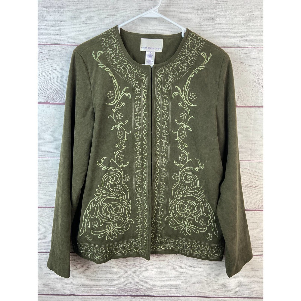 Susan Graver hook eye closure green heavy embroidery woven jacket size M